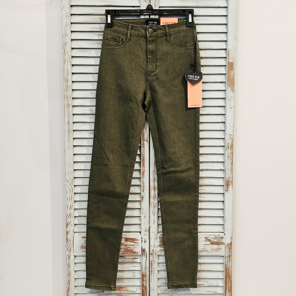 CEST TOI SKINNY JEANS Womens Size 1 Olive Green Stretch Denim Edgy Casual BNWT